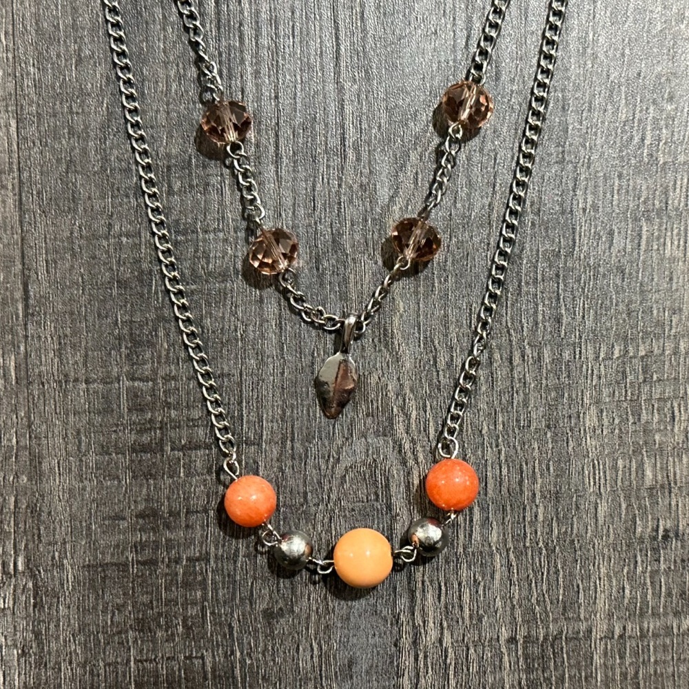 💞 New Silver 2 Chain Layered Orange and Brown Beaded Necklace